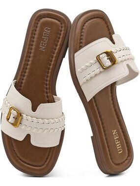 Women's White Square Toe Flat Sandals Slides Dressy Comfortable for Beach
